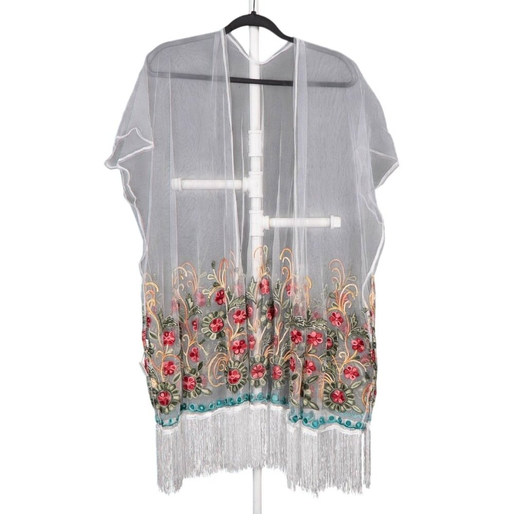 Sheer Floral Kimono Duster Cardigan One Size NEW Embroidered White Green Pink